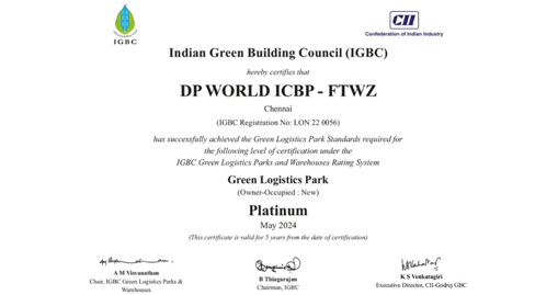 DP World Chennai Economic Zone Achieves IGBC Platinum Certification
